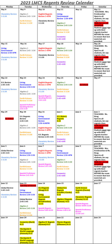 A calendar with the schedule below in calendar form