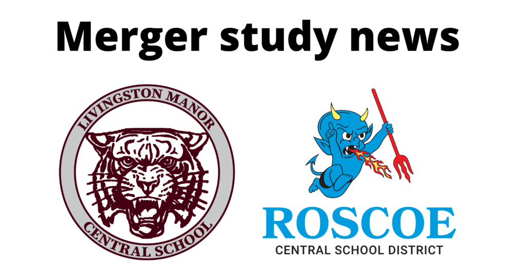 Merger study news with Livingston Manor and Roscoe logos