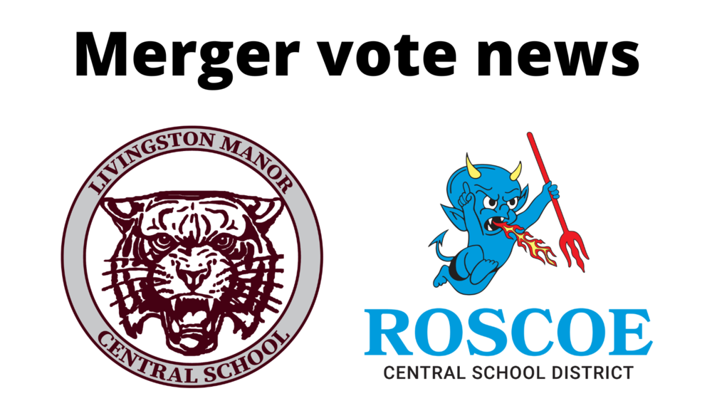 Merger vote news with Livingston Manor and Roscoe logos