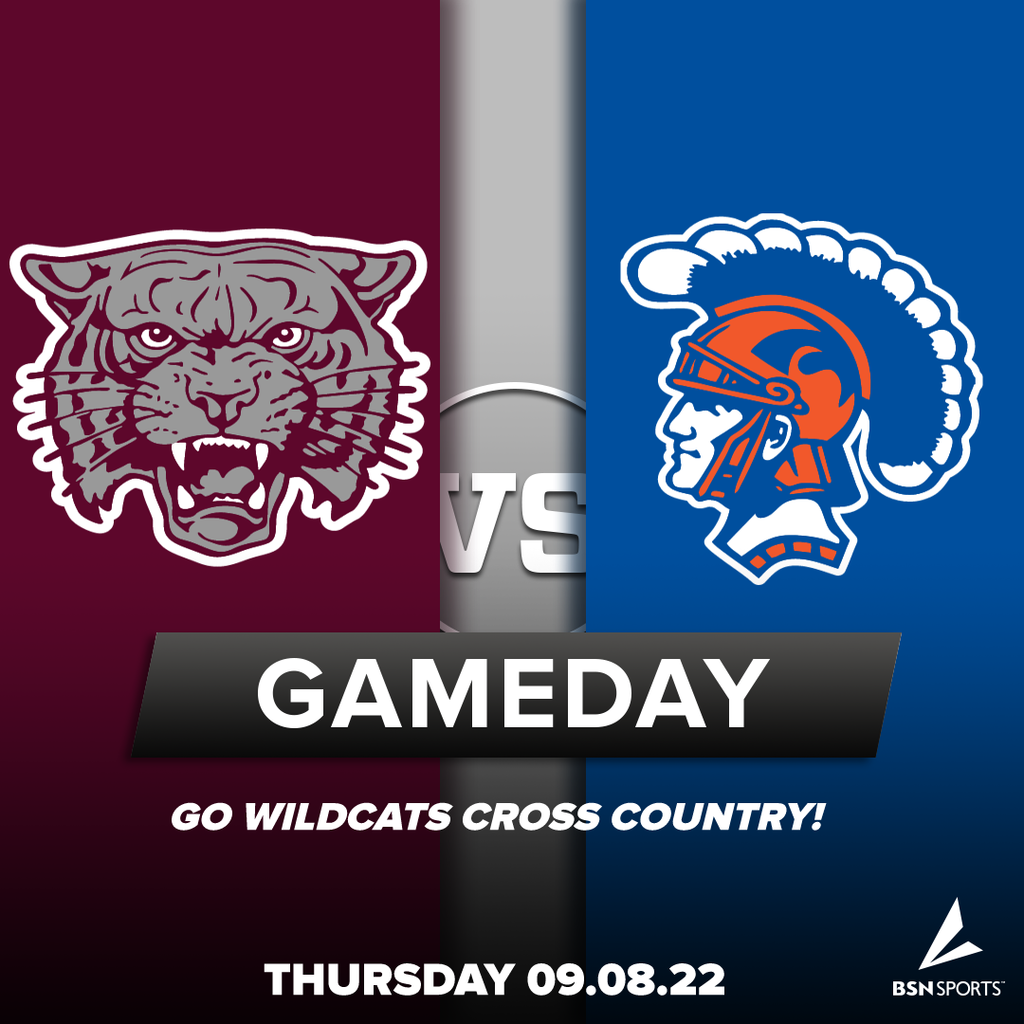 LMCS wildcats logo vs. orange and blue spartan head logo with the words Game Day. go wildcats cross country! Thursday 09.08.22 and the sidelinesports logo