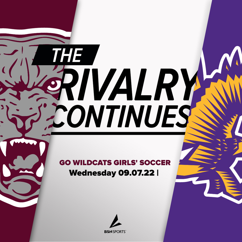 Wildcat logo on left with Downsville Eagles on right with the Rivalry continues . Go Wildcats girls soccer, Wednesday 09.07.22 and Sideline Sports Logo