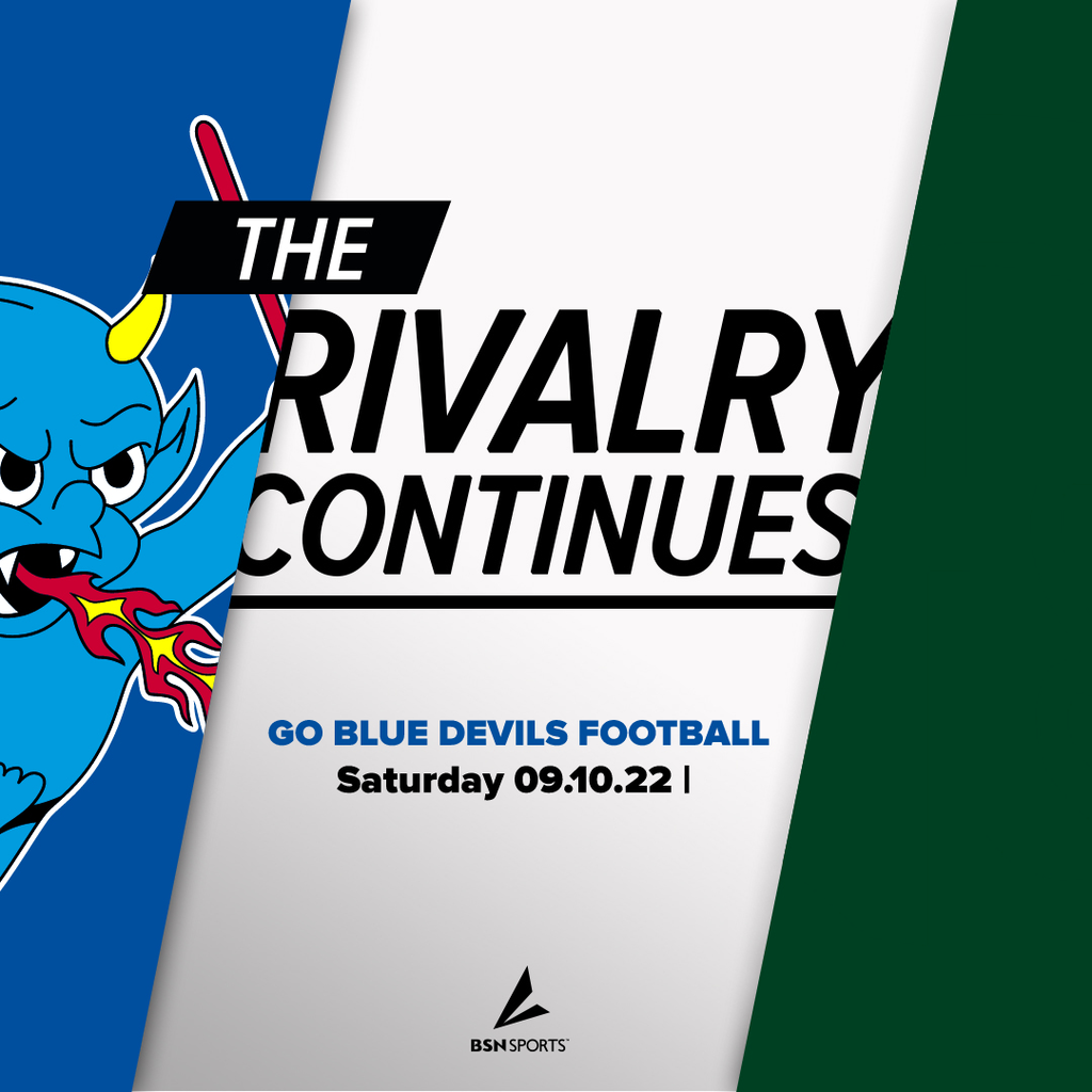 The Blue Devils logo with "The Rivalry continues Go Blue Devils Football, Saturday 09.10.22!