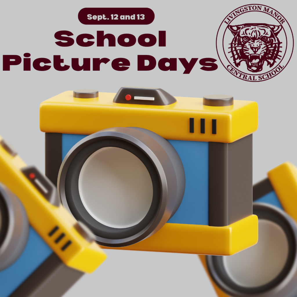 three yellow and blue cameras on a gray background with the LMCS logo and Sept. 12 and 13 School Picture Days in maroon