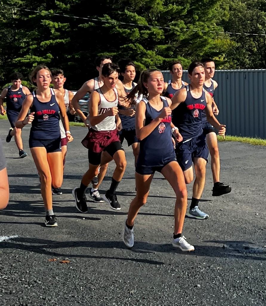 A group of runners in gray and maroon or black uniforms run on pavement