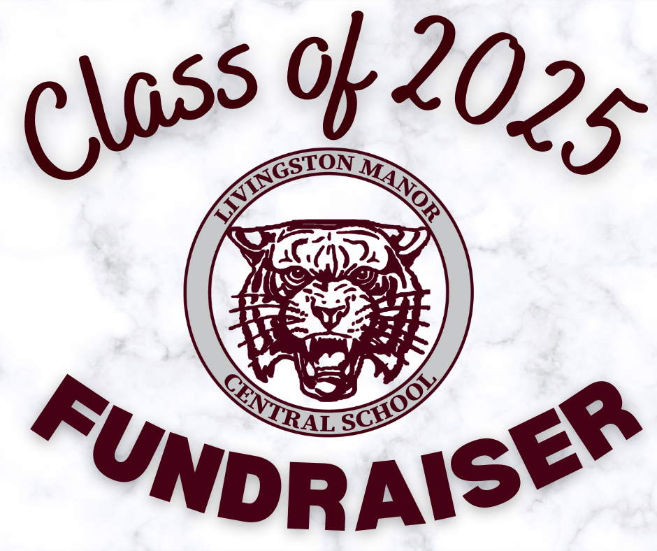 Class of 2025 Fundraiser in maroon letters surround the LMCS logo on a while and gray marble background
