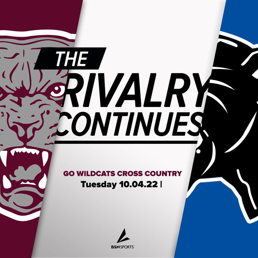 LMCS wildcats logo at the left with a blue Monticello panthers logo at the right, with "The Rivalry continues . Go Wildcats cross country 10.04.22 | and the BSN sports logo at bottom