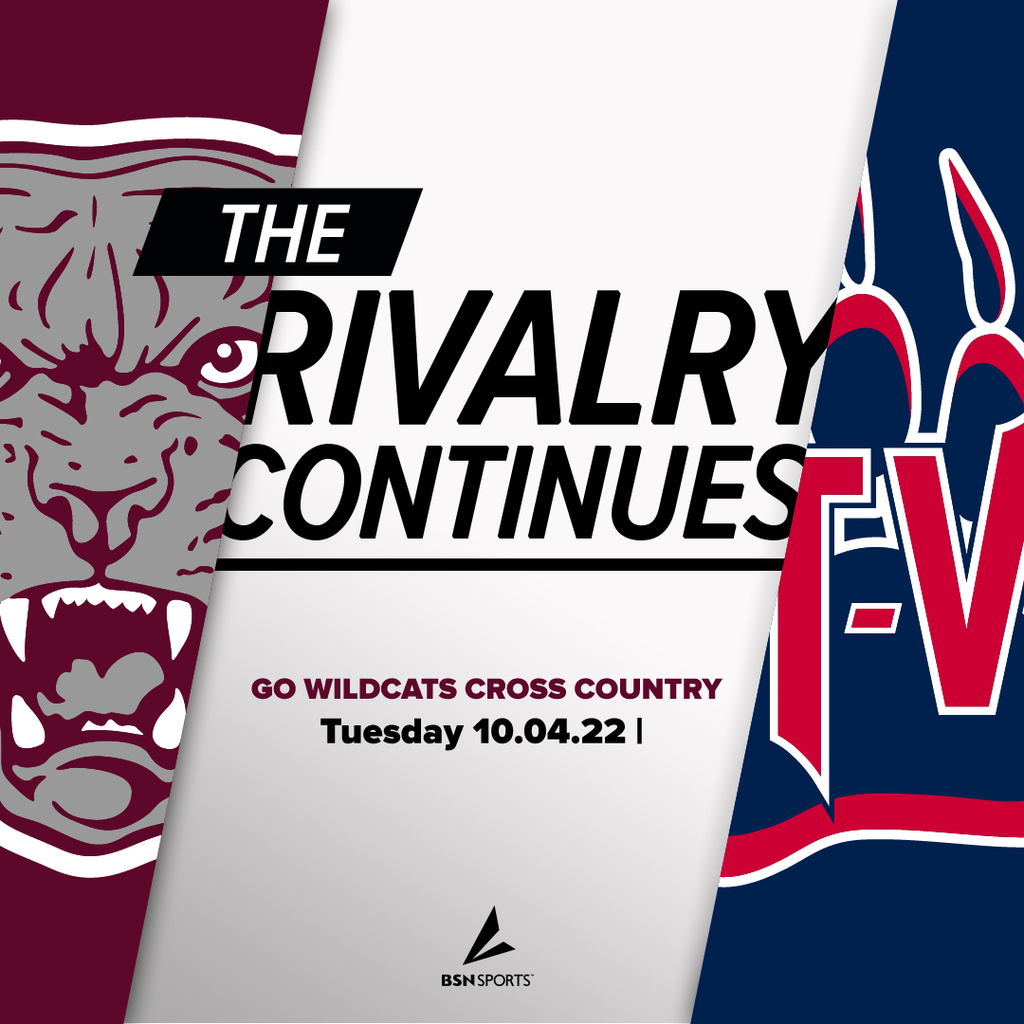 LMCS wildcats logo at the left with a blue and red TV claw logo at the right, with "The Rivalry continues . Go Wildcats cross country Tuesday, 10.04.22 | and the BSN sports logo at bottom