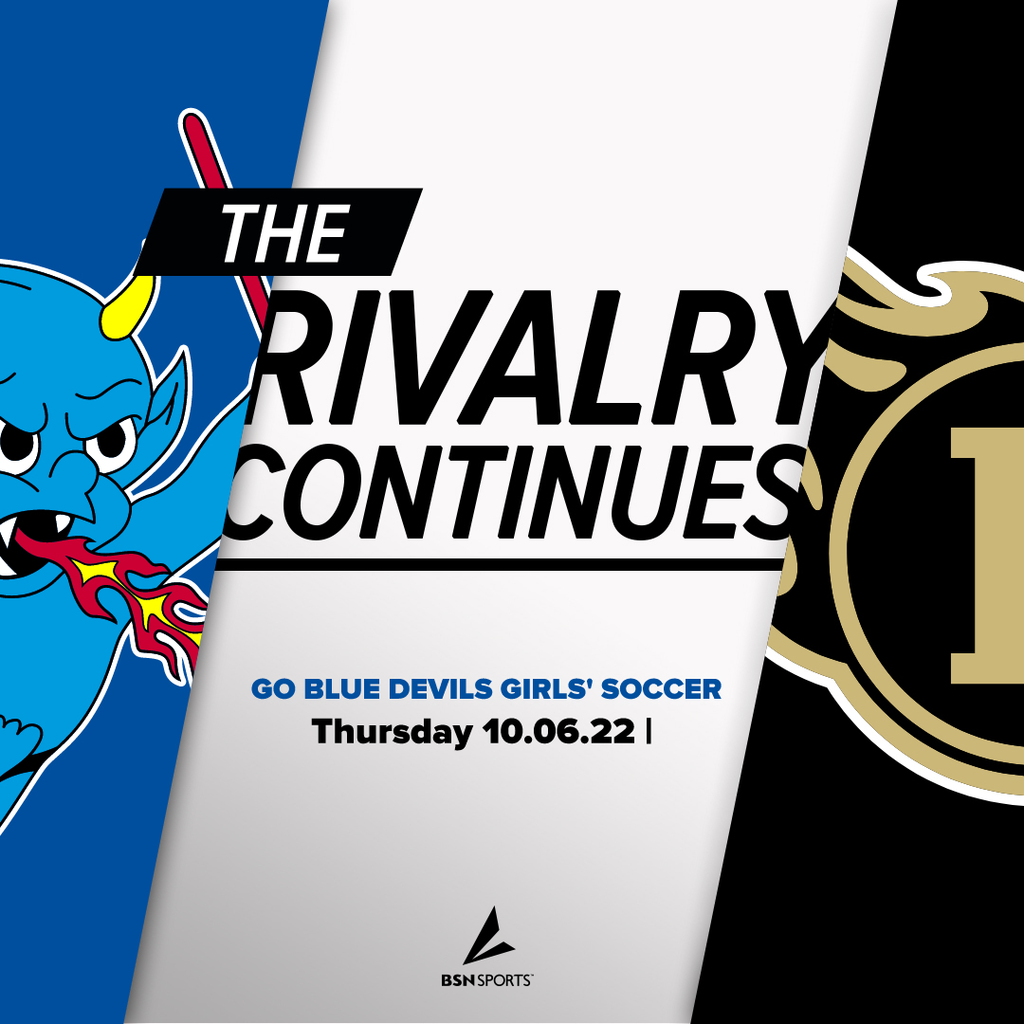 The Blue Devils logo with "The Rivalry continues Go Blue Devils girls soccer, Thursday 10.09.22!" and the Eldred logo at right and the BSN sports logo at the bottom