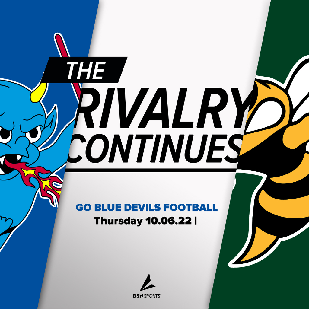 The Blue Devils logo with "The Rivalry continues Go Blue Devils Football, Thursday 10.06.22!" and the yellowjackets logo at right and the bsn logo below.