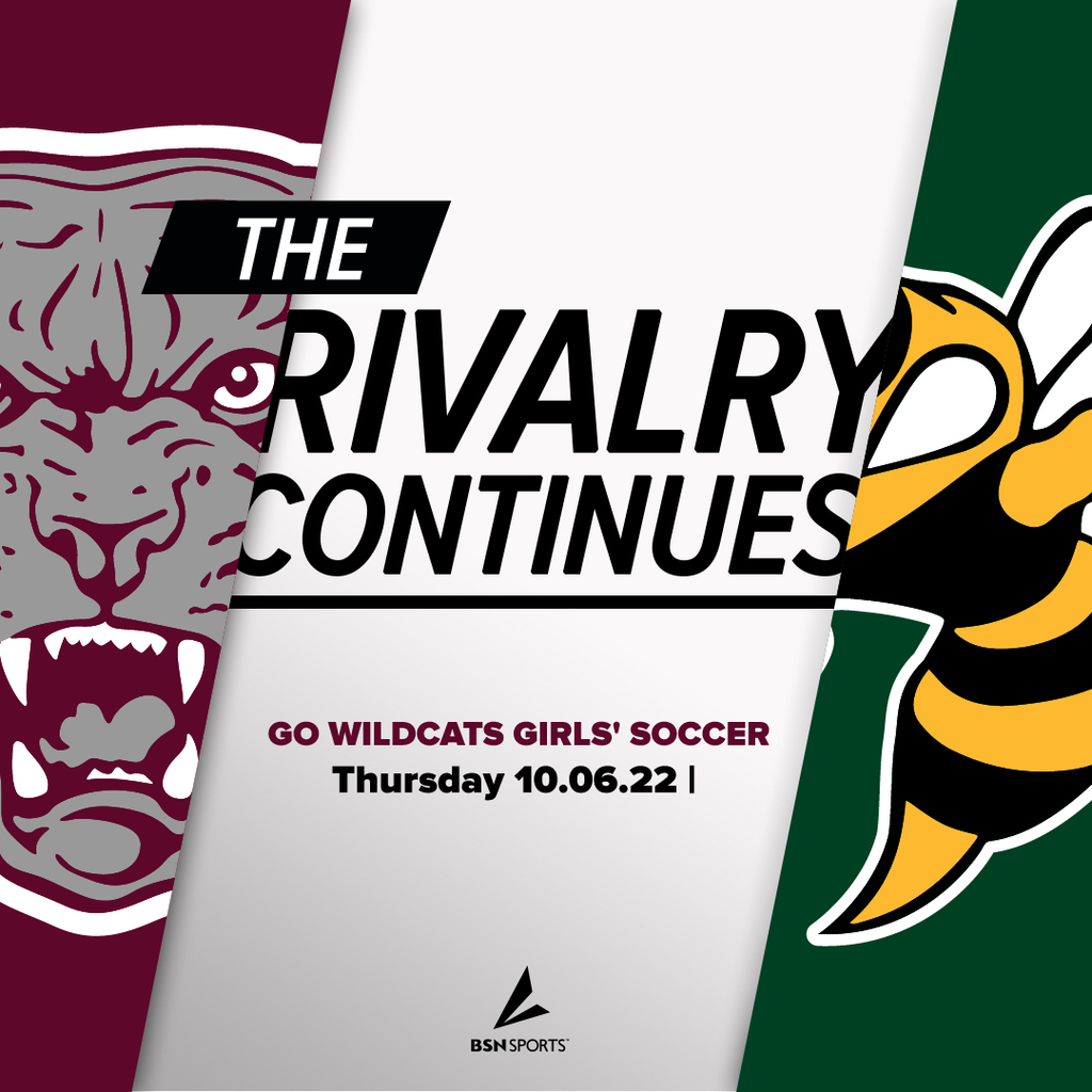 LMCS wildcats logo at the left with a yellow jacket at the right, with "The Rivalry continues . Go Wildcats girls soccer 10.06.22 | and the BSN sports logo at bottom