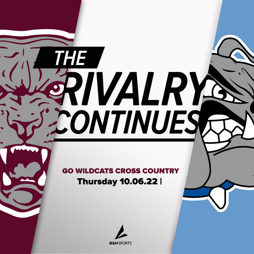 LMCS wildcats logo at the left with a bulldog logo at the right, with "The Rivalry continues . Go Wildcats cross country 10.06.22 and the BSN sports logo at bottom