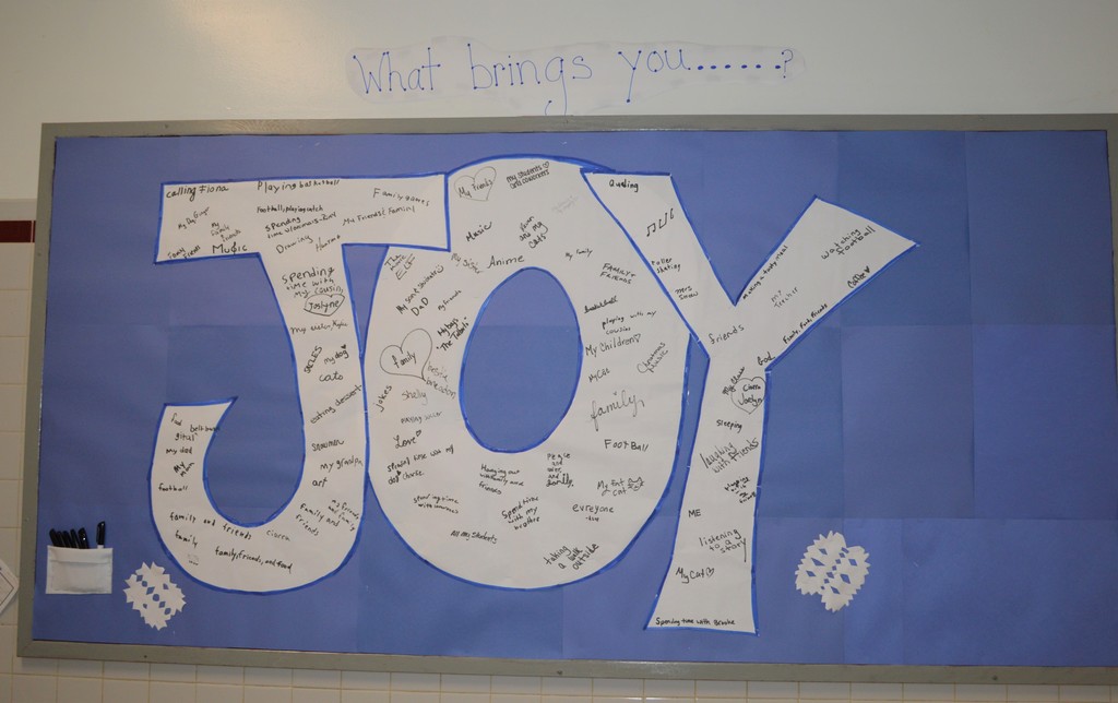 a billboard with "What brings you...." above it and Joy in white letters on a blue background, with answers written in black.