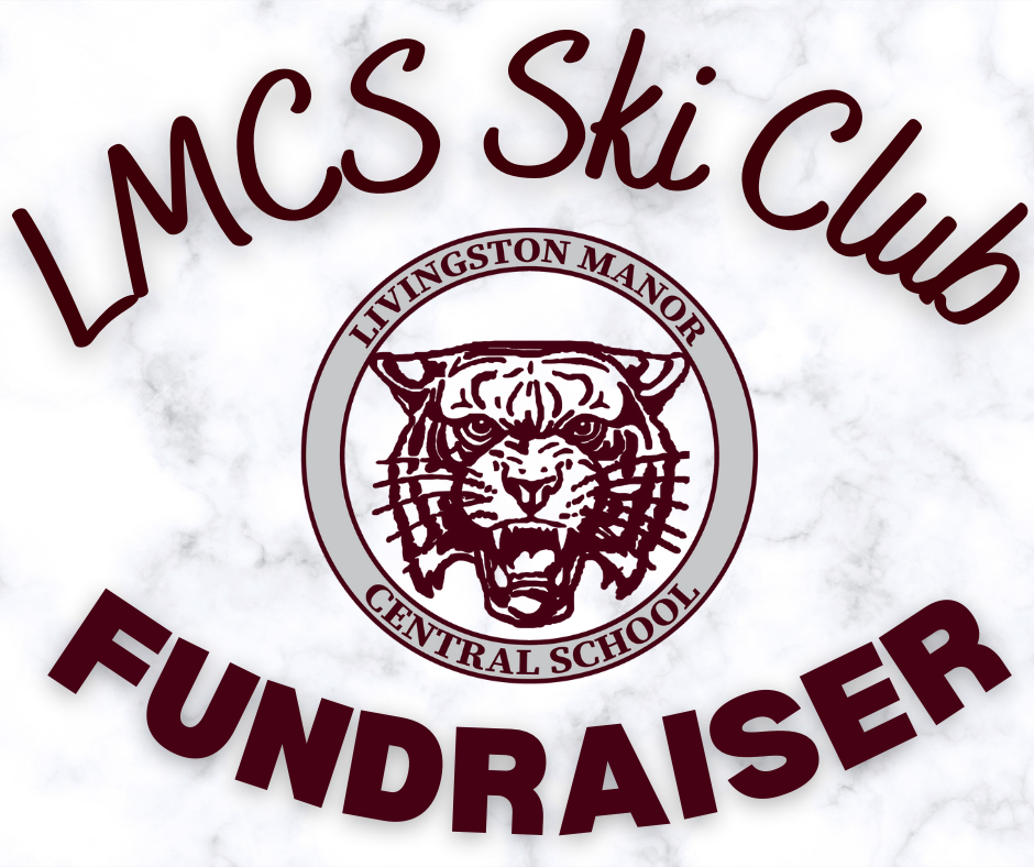 On a marble background reads LMCS Ski Club fundraiser in marron letters with the LMCS logo in the middle
