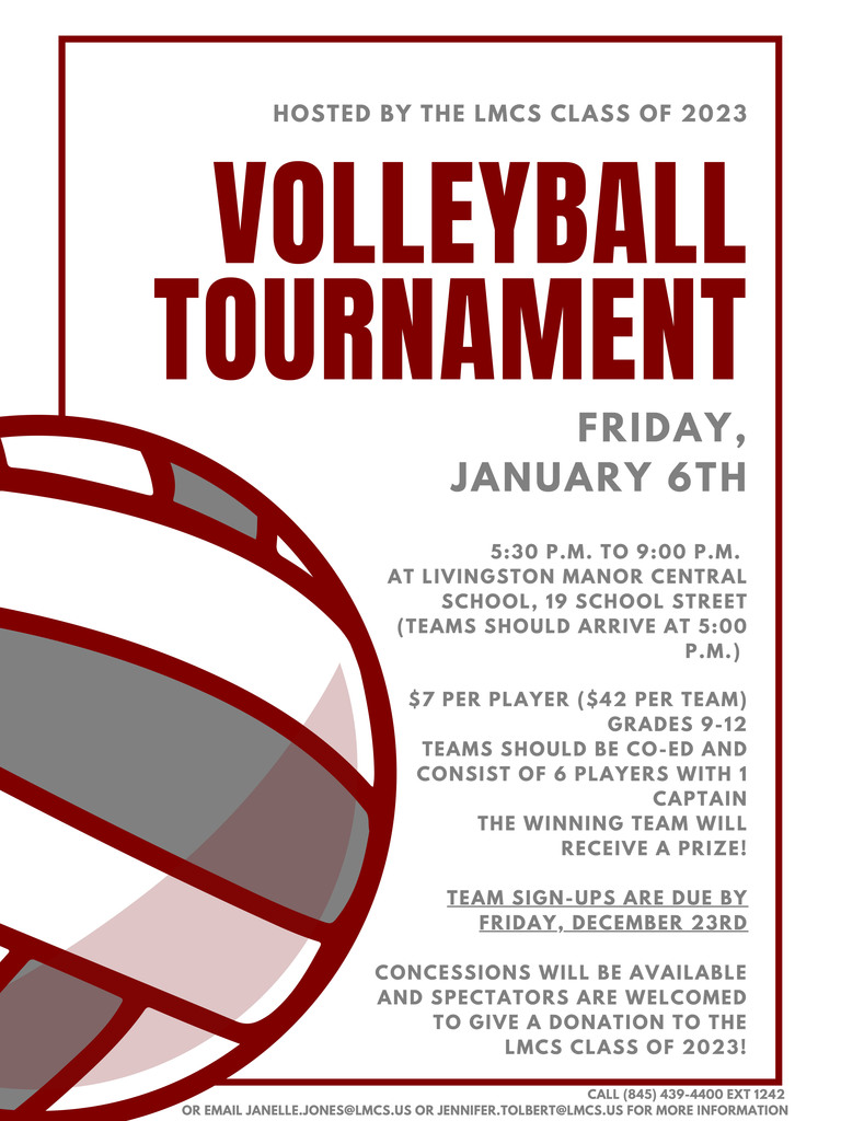 A flyer with a maroon and gray volleyball with information included in the post.