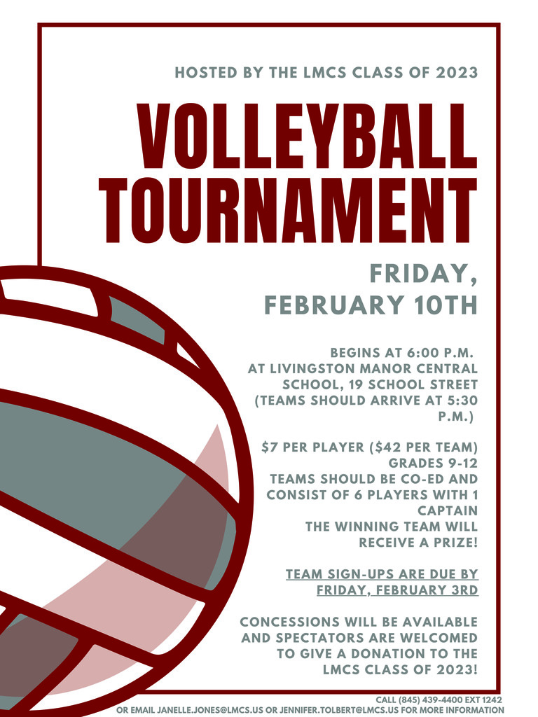 A flyer with a maroon, white and gray volleyball with information included in the post.