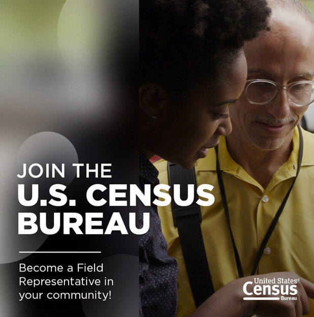 A close up of two people talking. With the words: Join the U.S. Census Bureau Become a field representative in your community overlaid in white letters, along with the U.S. Census Bureau logo