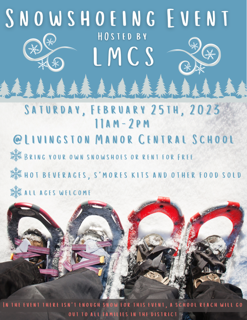 A flyer with a sky blue at the top, white  snow on the bottom and white trees where the two colors meet, and two sets of people's feet in snowshoes with the information included in the post.