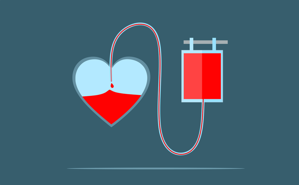 A graphic of a blood donation bag leading to a half full heart