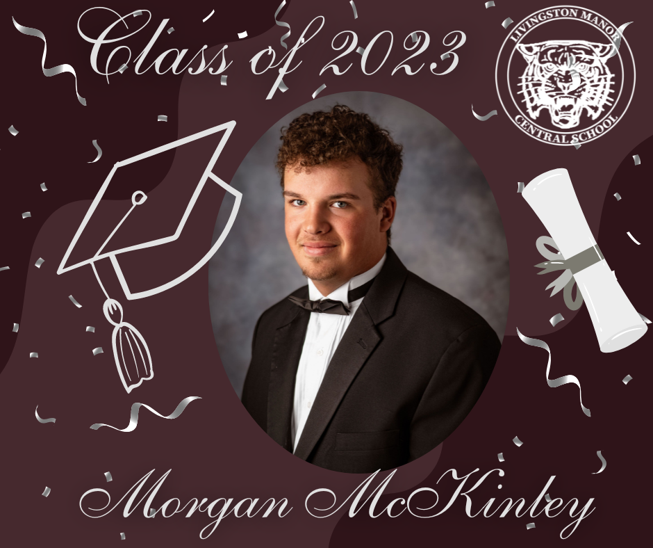 A maroon graphic with a rolled diploma, mortar board the LMCS logo, the Class of 2023, a picture of a graduate and the name Morgan McKinley