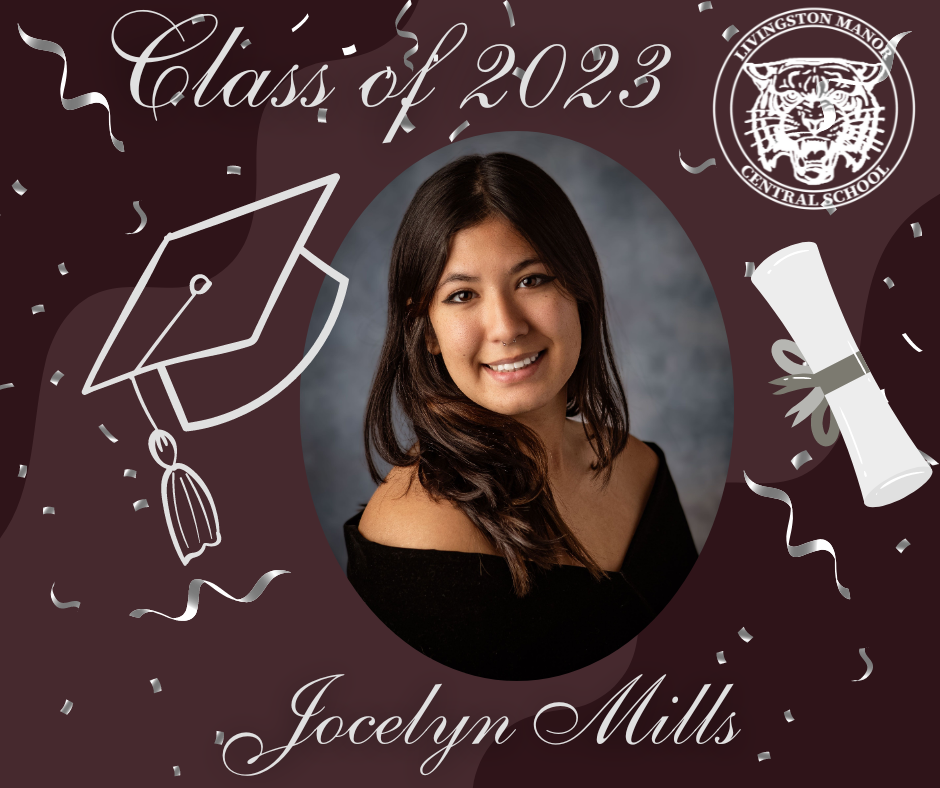 A maroon graphic with a rolled diploma, mortar board the LMCS logo, the Class of 2023, a picture of a graduate and the name Jocelyn Mills