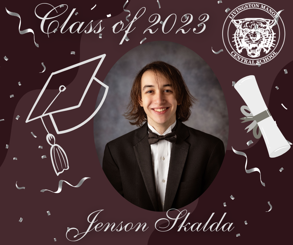 A maroon graphic with a rolled diploma, mortar board the LMCS logo, the Class of 2023, a picture of a graduate and the name Jenson Skalda