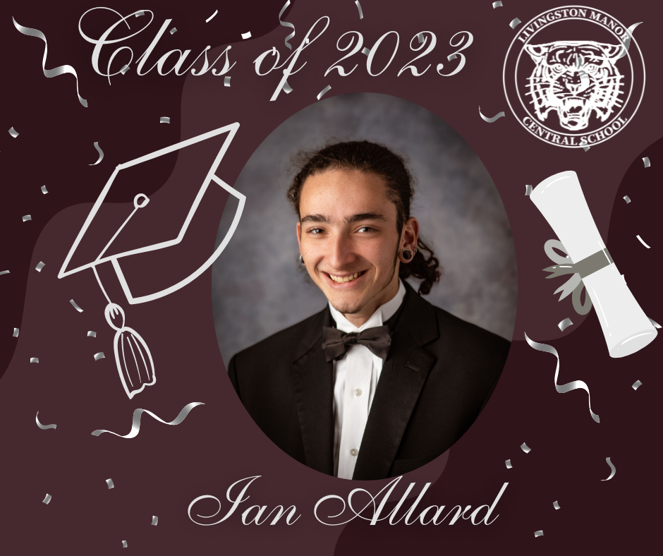 A maroon graphic with a rolled diploma, mortar board the LMCS logo, the Class of 2023, a picture of a graduate and the name Ian Allard