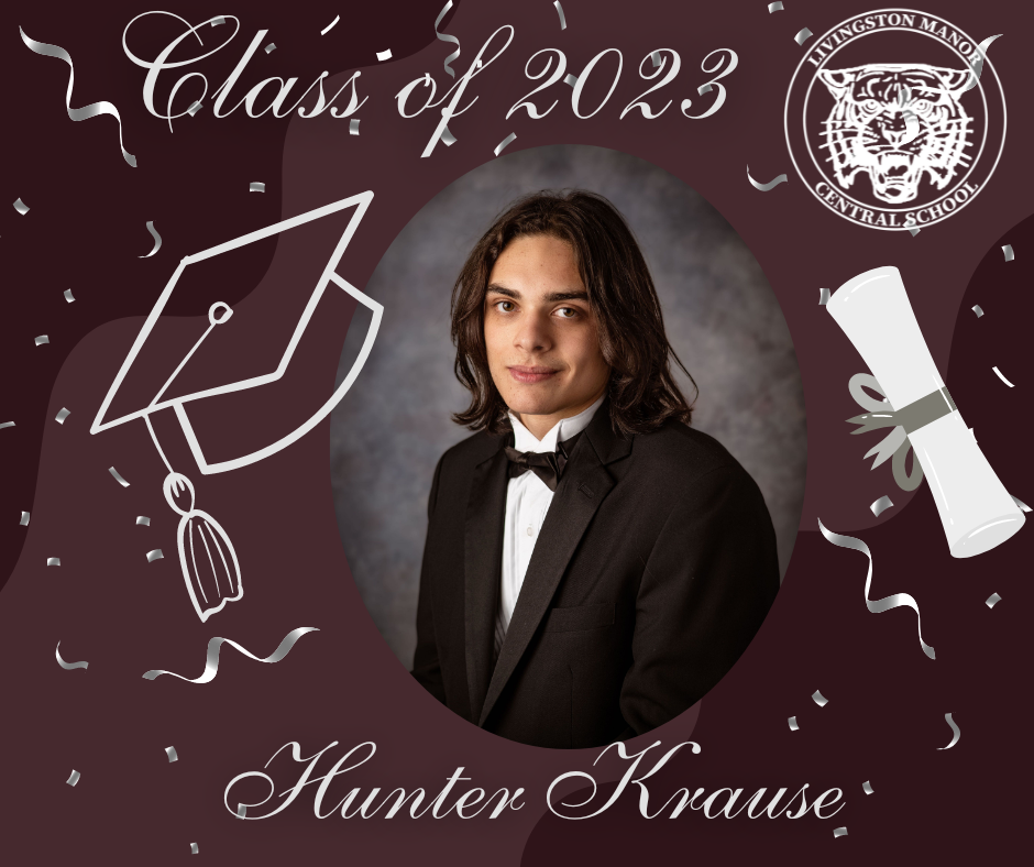 A maroon graphic with a rolled diploma, mortar board the LMCS logo, the Class of 2023, a picture of a graduate and the name Hunter Krause