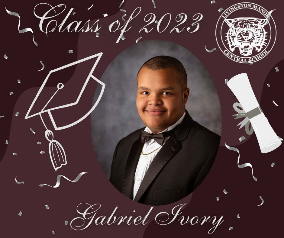 A maroon graphic with a rolled diploma, mortar board the LMCS logo, the Class of 2023, a picture of a graduate and the name Gabriel Ivory