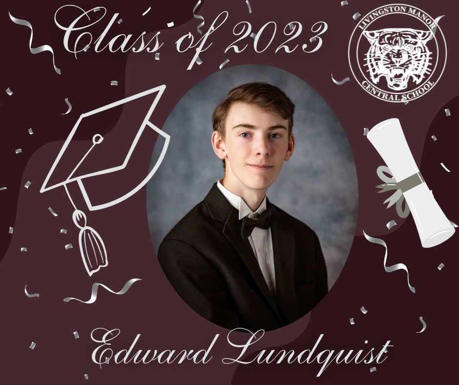 A maroon graphic with a rolled diploma, mortar board the LMCS logo, the Class of 2023, a picture of a graduate and the name Edward Lundquist