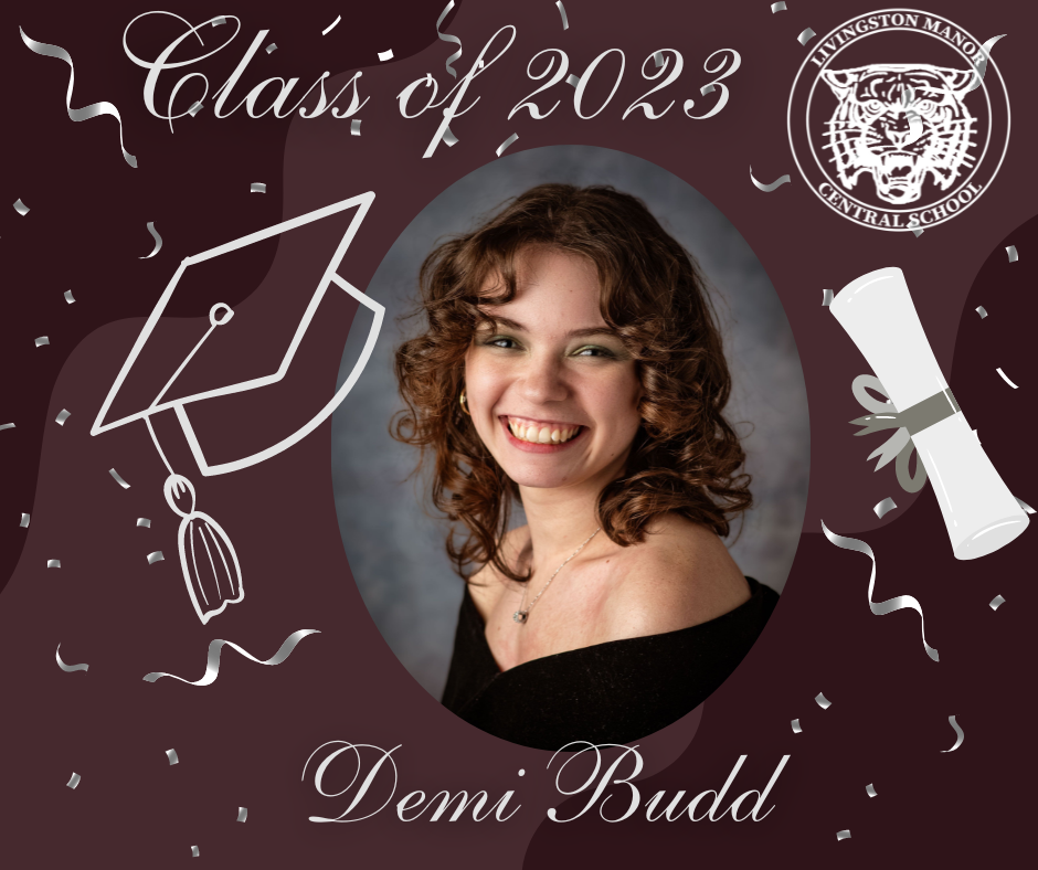A maroon graphic with a rolled diploma, mortar board the LMCS logo, the Class of 2023, a picture of a graduate and the name Demi Budd
