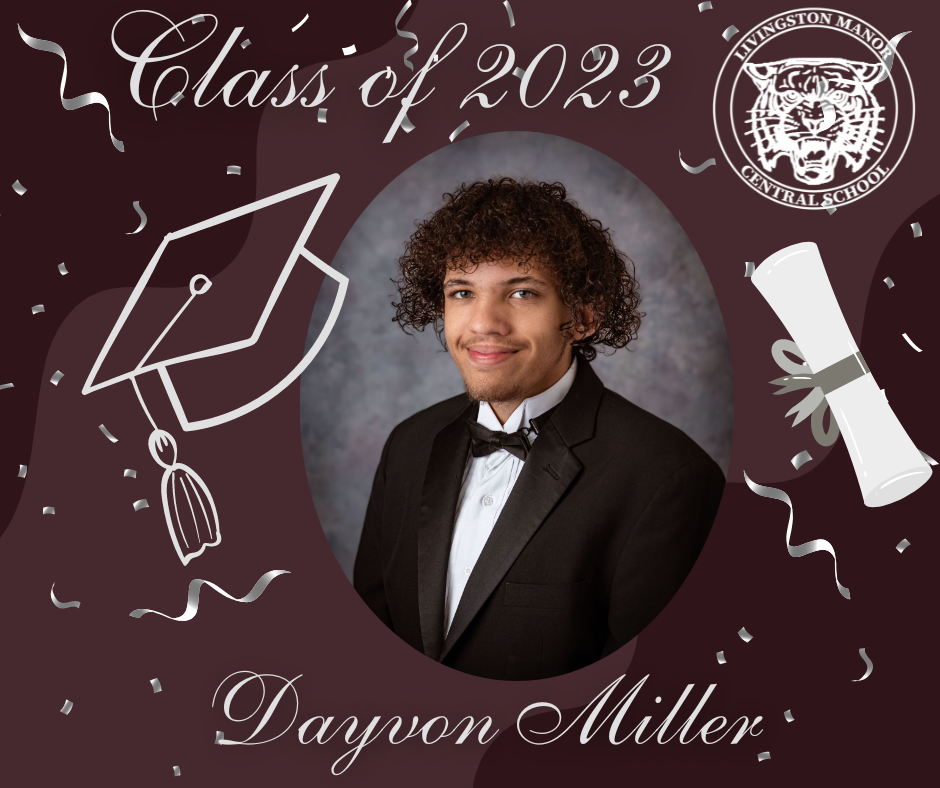 A maroon graphic with a rolled diploma, mortar board the LMCS logo, the Class of 2023, a picture of a graduate and the name  Dayvon Miller