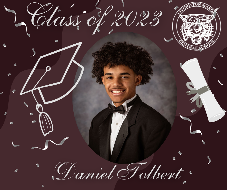 A maroon graphic with a rolled diploma, mortar board the LMCS logo, the Class of 2023, a picture of a graduate and the name Daniel Tolbert