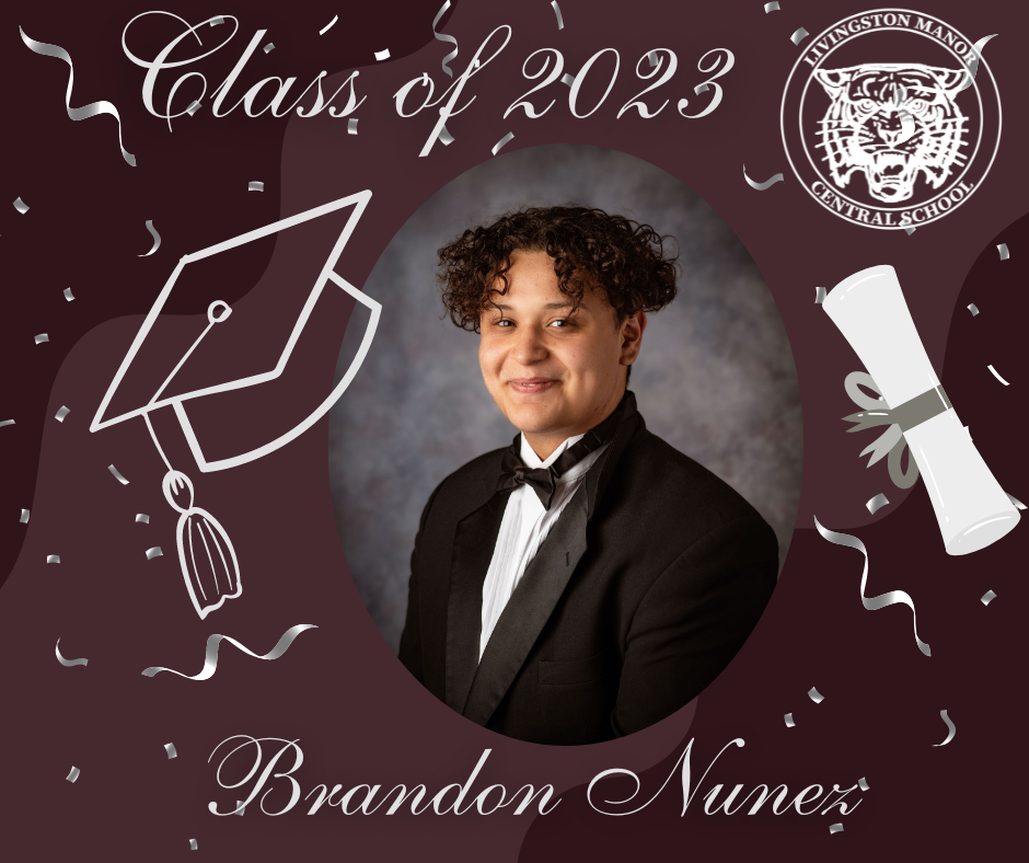 A maroon graphic with a rolled diploma, mortar board the LMCS logo, the Class of 2023, a picture of a graduate and the name Brandon Nunez