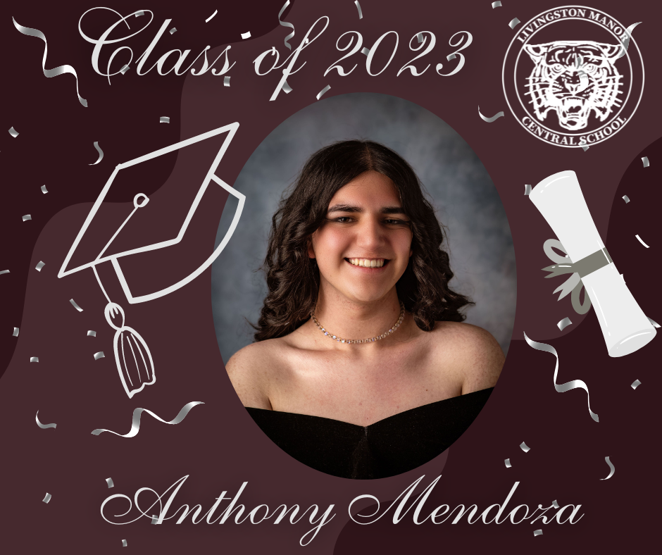 A maroon graphic with a rolled diploma, mortar board the LMCS logo, the Class of 2023, a picture of a graduate and the name Anthony Mendoza
