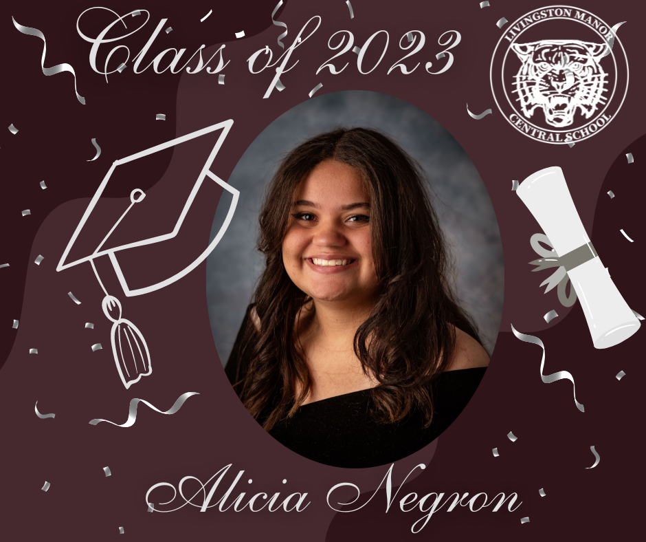 A maroon graphic with a rolled diploma, mortar board the LMCS logo, the Class of 2023, a picture of a graduate and the name Alicia Negron