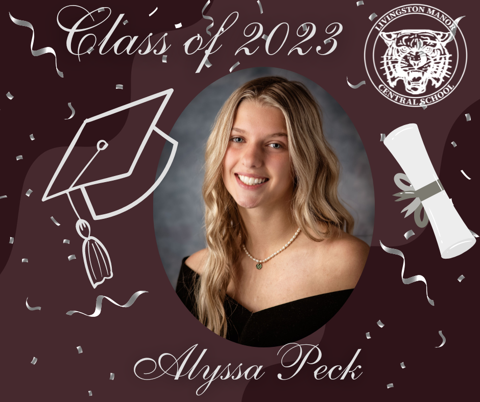 A maroon graphic with a rolled diploma, mortar board the LMCS logo, the Class of 2023, a picture of a graduate and the name Alyssa Peck.