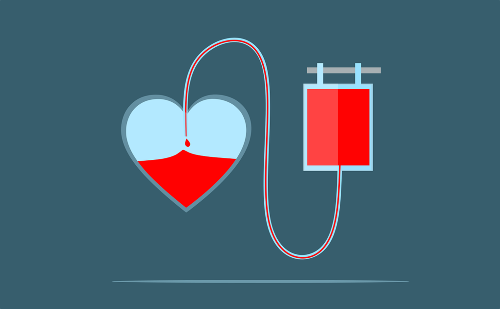 a drawing of a blood donation bag with a line dripping into a heart