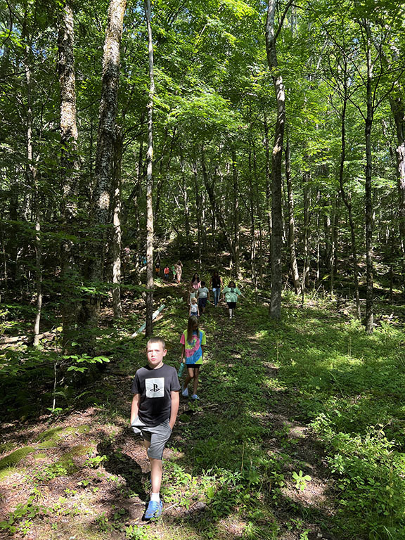 Students walk in a line through a wooded trail