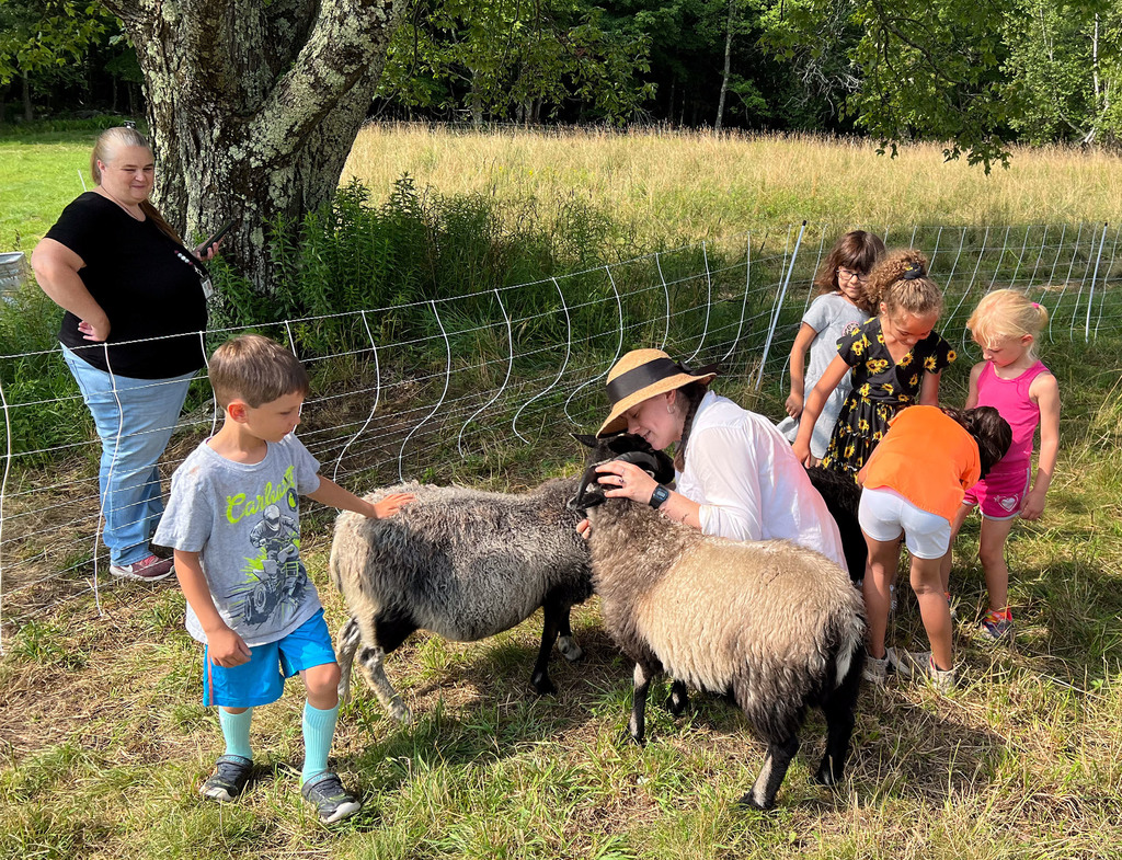 An adult pets two sheep as students and another adult watch or pet other sheep